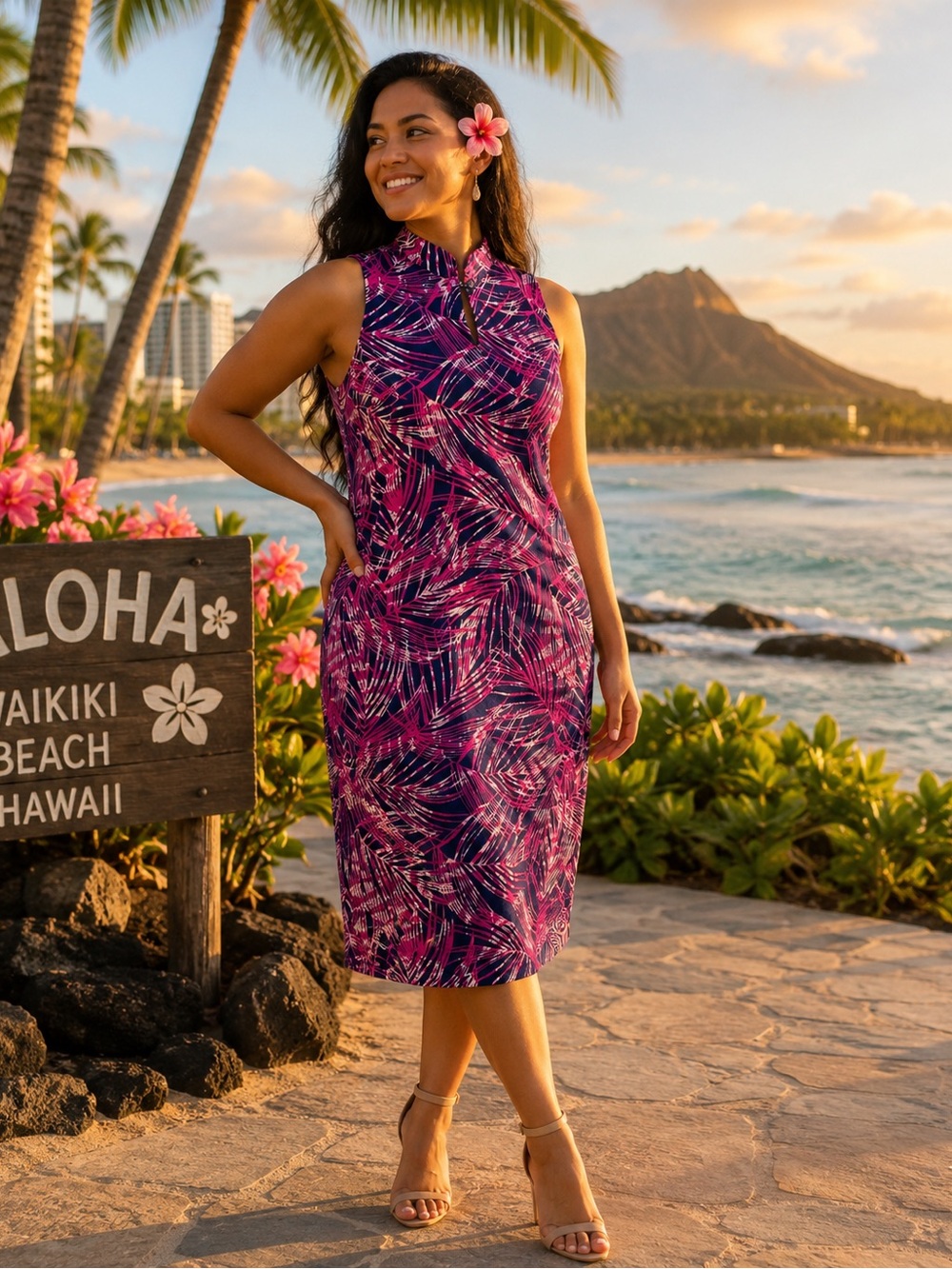 Iolani - Women’s Sleeveless Purple Tropical Print Dress